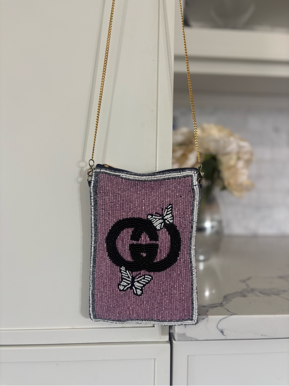 Purple Beaded Crossbody Bag with Butterfly Motif